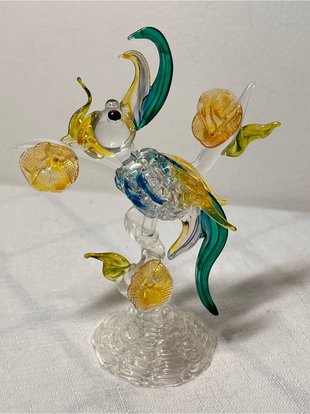 Vintage Murano Style Hand Blown Art Glass Bird on Flower Branch Sculpture Figure